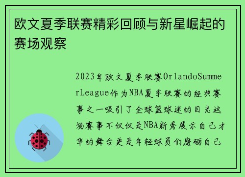 欧文夏季联赛精彩回顾与新星崛起的赛场观察