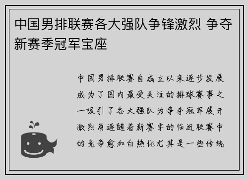 中国男排联赛各大强队争锋激烈 争夺新赛季冠军宝座
