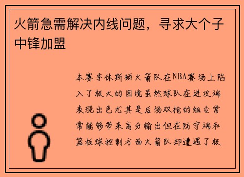 火箭急需解决内线问题，寻求大个子中锋加盟